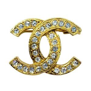 Authentic CHANEL Brooch CC Vintage Gold Pin Brooch Rhinestone Crystal